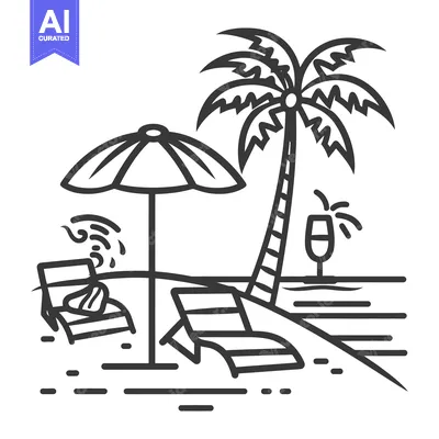 Aset premium populer: A relaxing beach scene featuring lounge chairs and a palm tree