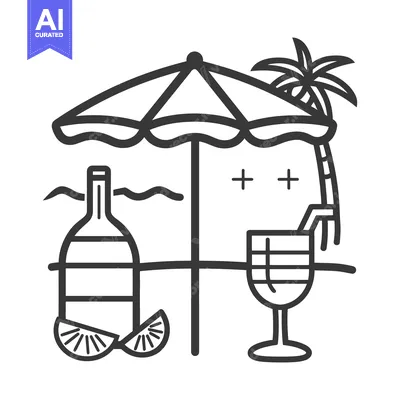 Aset premium populer: A black and white illustration depicts a beach relaxation scene