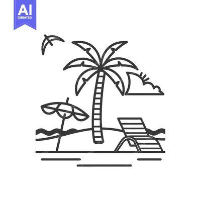 Aset desain premium: An illustrated outline of a beach scene with essential elements