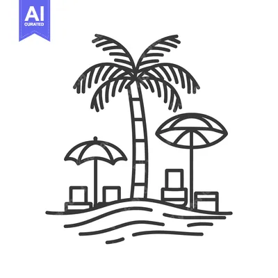 Premium design asset: A sunny beach scene featuring palm trees and beach furniture