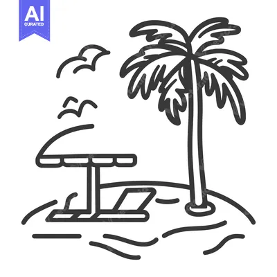 Aset premium populer: Black and white illustration depicting a tropical beach scene with pal