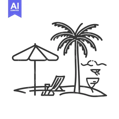 Premium design asset: Simple line illustration depicts a relaxing beach scene with items
