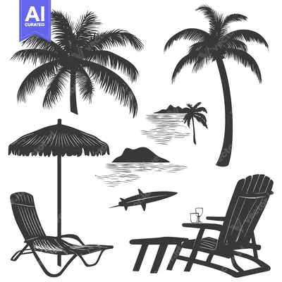 Beach Scene with Palm Trees, Lounge Chairs, and Umbrella