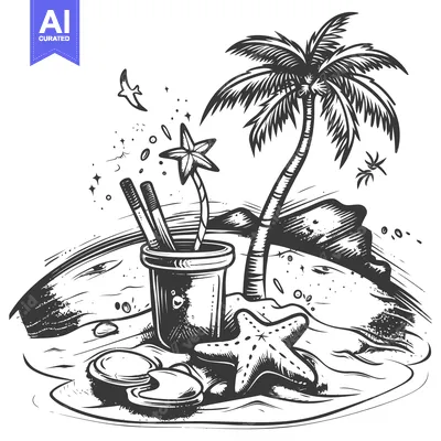 Aset desain premium: Beach Scene with Palm Tree, Starfish, and Drink