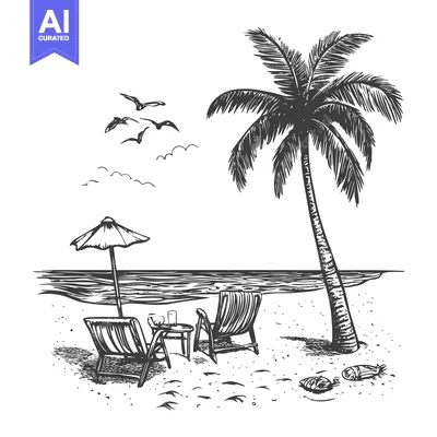 Premium design asset: Beachside Relaxation with Palm Tree and Deckchairs