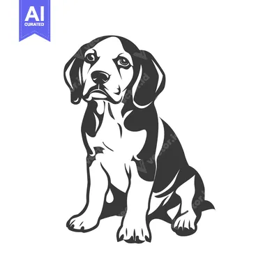 Aset desain premium: A black and white illustration of a sitting puppy dog
