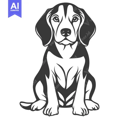 Aset premium populer: An adorable sitting canine pet depicted in black and white design