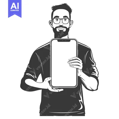 Aset desain premium: Bearded Man in Glasses Holding Smartphone with Blank Screen