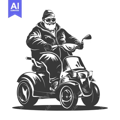 Aset desain premium: Bearded Man in Hat Driving a Trike with a Golf Club