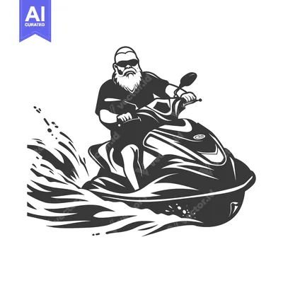 Aset desain premium: Bearded man riding a jet ski through waves