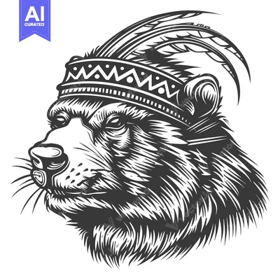Aset desain premium: Bear with Native American Headdress