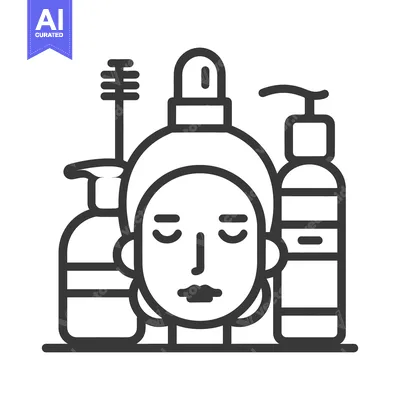Aset premium populer: A line art illustration depicts beauty products with a face