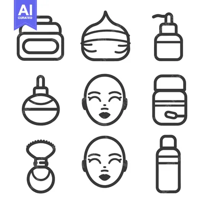 Aset premium populer: Line art icons depicting cosmetic items and facial aesthetics