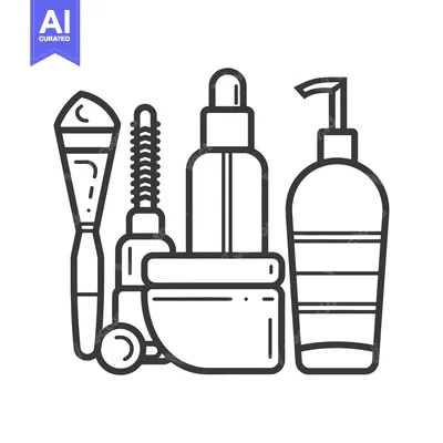 Aset premium populer: Simple black line illustration showcasing various cosmetic beauty prod