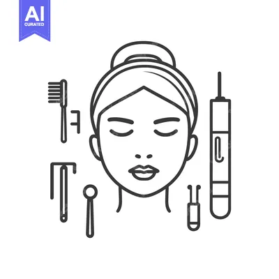 An outline illustration of a woman and related beauty tools