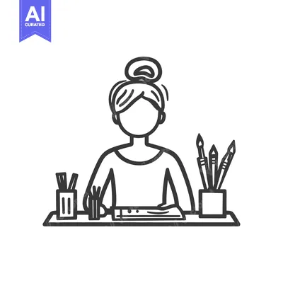 Aset desain premium: An artist sits at their desk with artistic supplies ready to create
