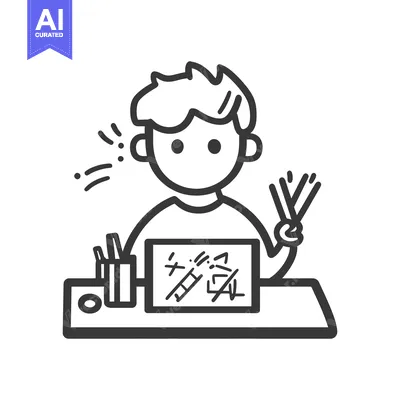 Premium design asset: A cartoon figure is writing or drawing on a small tabletop