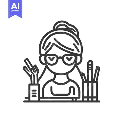 Aset desain premium: Line art illustration of a woman with glasses and art supplies
