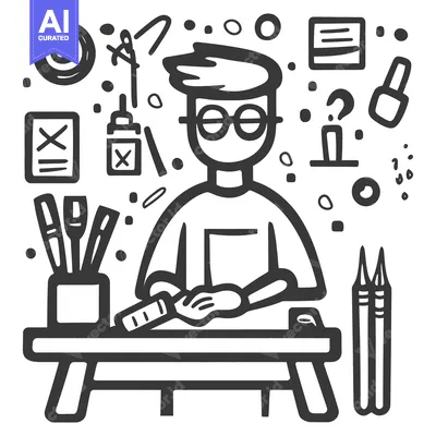 Premium design asset: A person seated at a desk creating art using tools