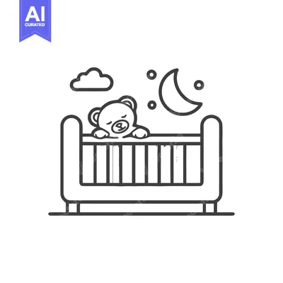 Aset premium populer: Sleeping Teddy Bear in Crib, Night Sky Icon, Line Art Illustration