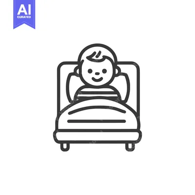 Aset premium populer: Minimalist Line Art: Smiling Child in Bed, Ready for Sleep