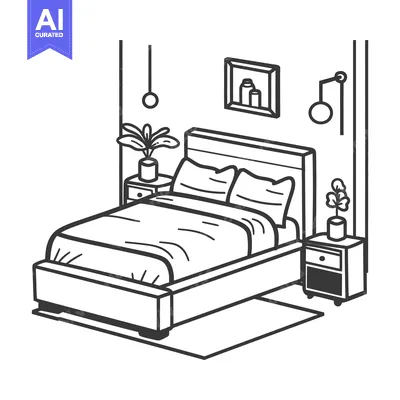 Aset desain premium: A black and white line art illustration of a bedroom interior