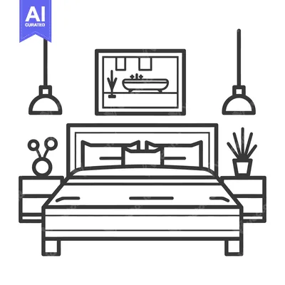Aset premium populer: Simple line art depicts a modern furnished bedroom interior space