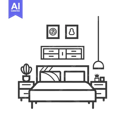Aset desain premium: A minimalist line drawing illustrating a bedroom interior design scene