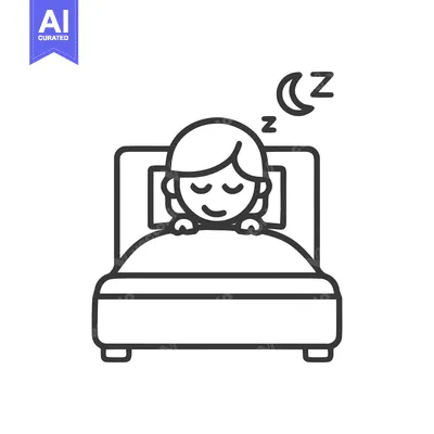 Sleeping Girl in Bed with Moon and Zzz Icon, Outline Style
