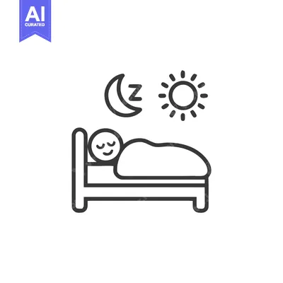 Aset desain premium: Peaceful Sleep: Line Art Icon of Person Resting in Bed with Moon and S