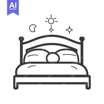 Aset desain premium: A simple line drawing depicts a bed with celestial icons