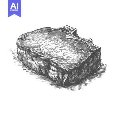 Premium design asset: A detailed drawing shows a raw steak on a white background