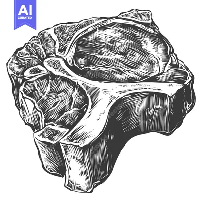 A detailed grayscale drawing of a large raw steak portion