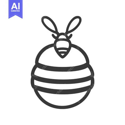 Aset desain premium: A black and white drawing depicts a stylized beehive and bee