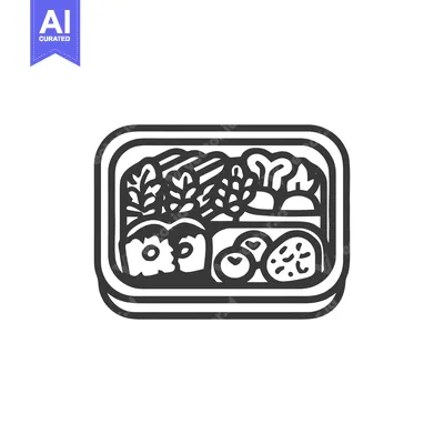 Aset premium populer: Bento Box Icon: Stylized Meal with Vegetables, Meat, and Rice