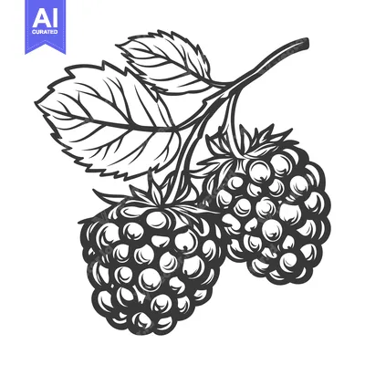 Premium design asset: Two ripe blackberries with green leaves on a branch are depicted