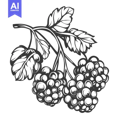 A detailed black and white illustration of clustered berries and leave