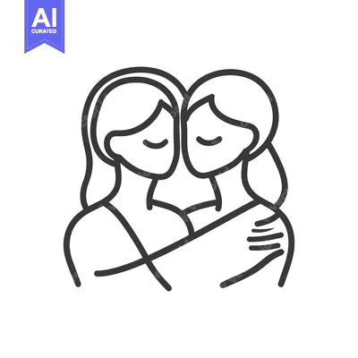 Premium design asset: Two women embracing in a simple black and white line art