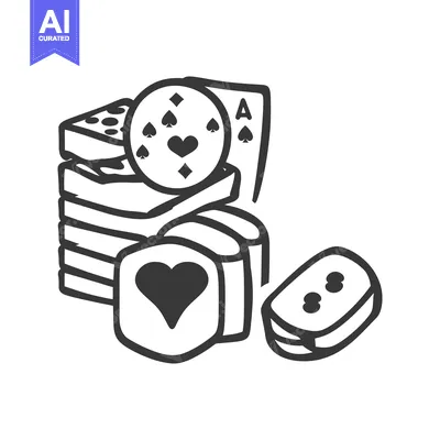 A black and white illustration of gaming chips and cards