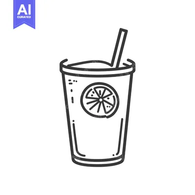 Aset premium populer: Black and white illustration depicts a refreshing beverage with a stra