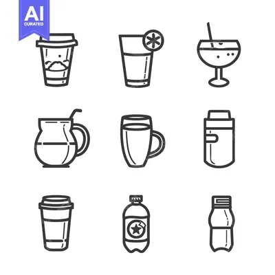 Aset premium populer: Various simple line art drawings of beverages and drinking vessels