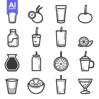 Aset premium populer: Assorted line art icons depicting various beverages and food items