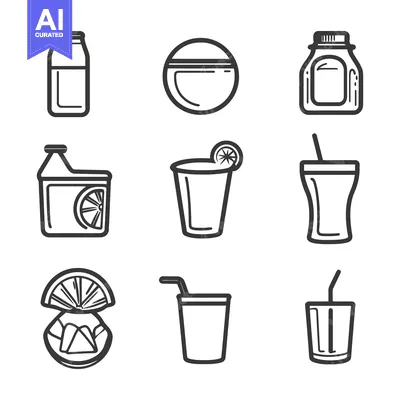 Aset desain premium: Outlined illustrations representing various beverage containers and dr