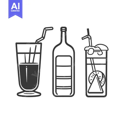 Aset desain premium: Three stylized beverages represented by simple outlined illustrations