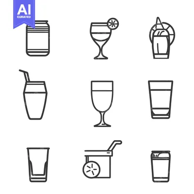 Aset premium populer: Simple outline illustrations of various beverage glasses and container