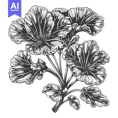 Aset premium populer: A Detailed Ink Drawing Of Geranium Flowers And Leaves