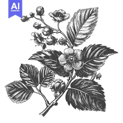 Aset premium populer: Detailed illustration of a flowering plant branch with leaves and buds