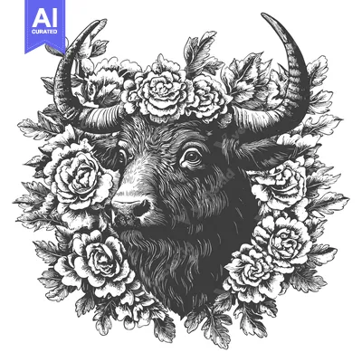 Premium design asset: Majestic Bull Head Adorned With A Floral Wreath