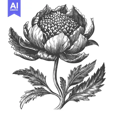Aset desain premium: Detailed Ink Drawing of a Single Blooming Flower