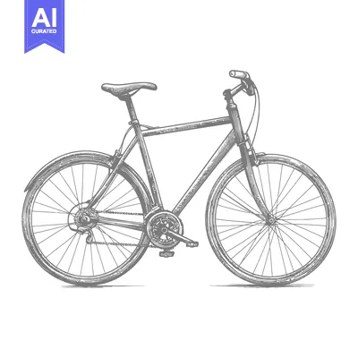 Premium design asset: A grayscale detailed drawing illustrates a classic road bicycle on whi